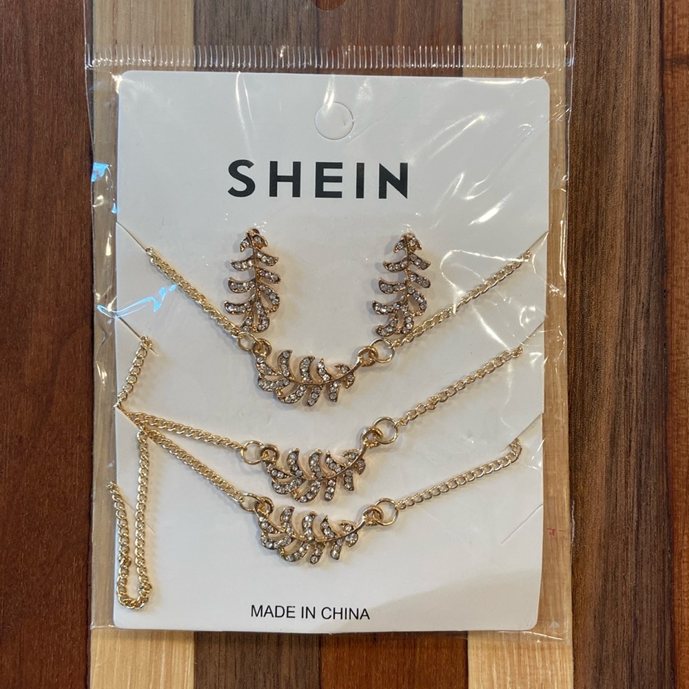 SHEIN Gold and Studded Leaf Stud Earrings and 3-Layered Necklaces